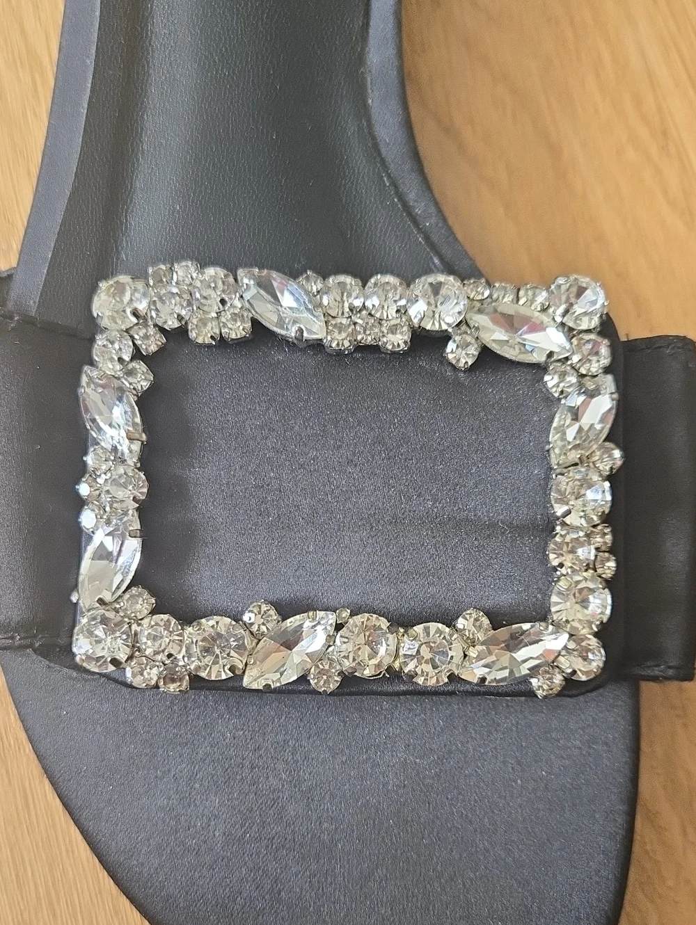 Bibi Lou black satin slide sandals with rectangular rhinestone buckle SZ9